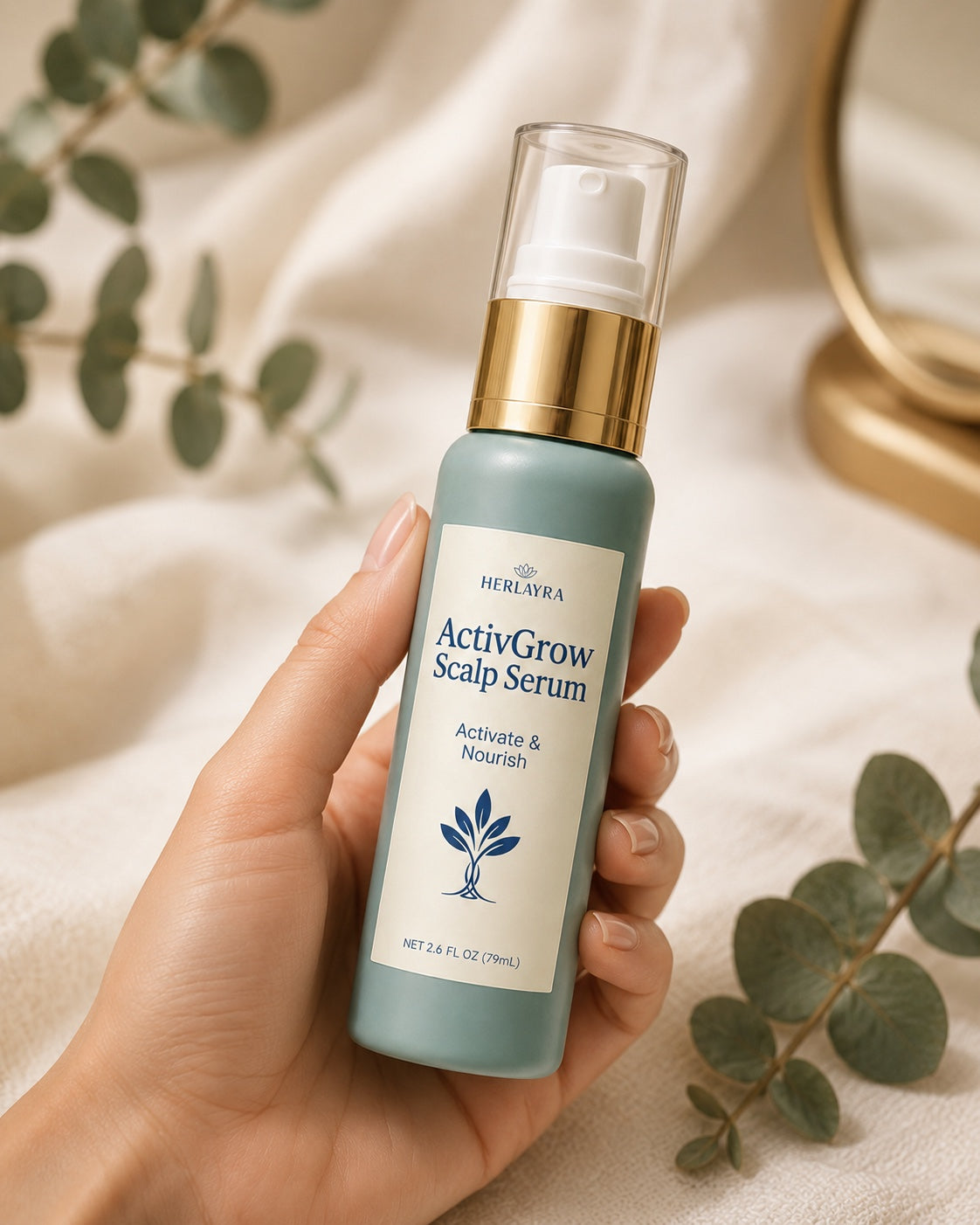 holding the HERLAYRA scalp serum, the targeted scalp step