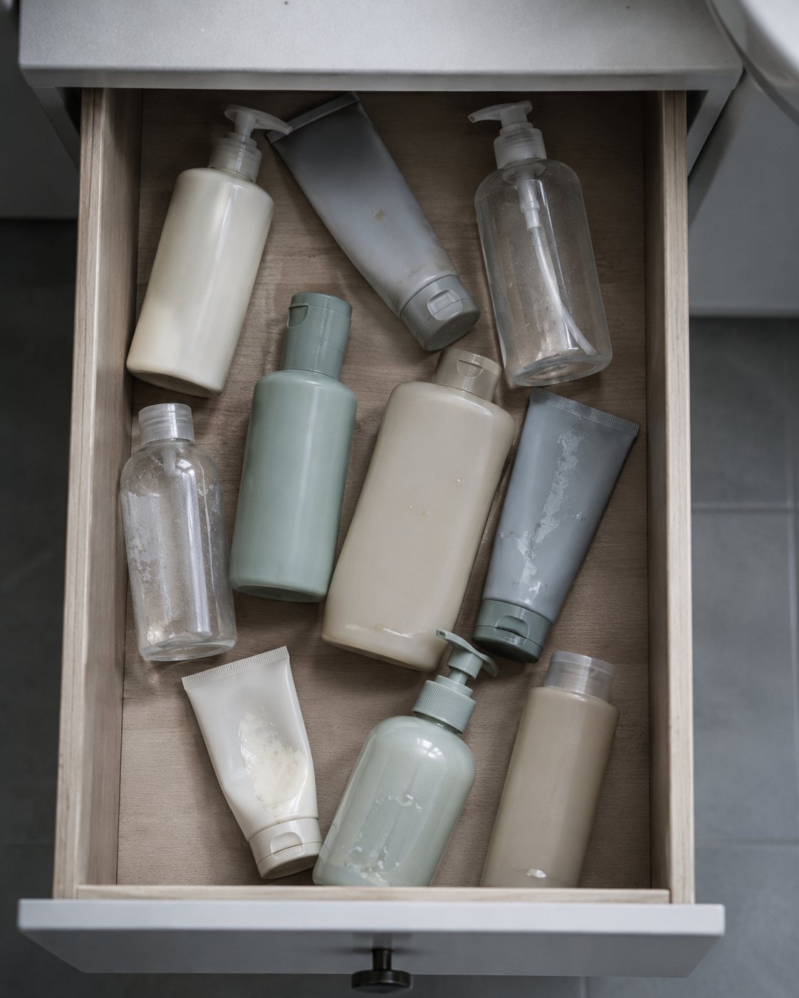 drawer with half-used hair care bottles