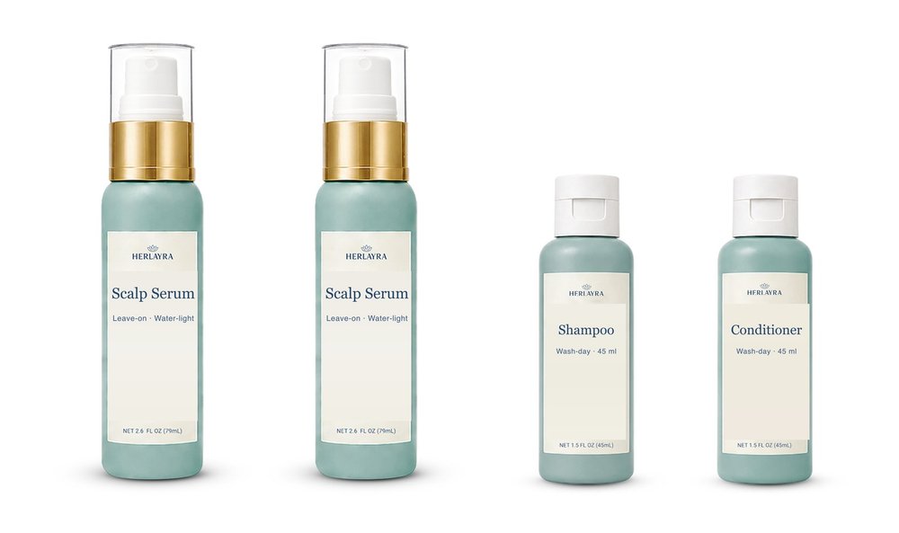 Your free Core routine: two full-size scalp serums, a mini shampoo and a mini conditioner