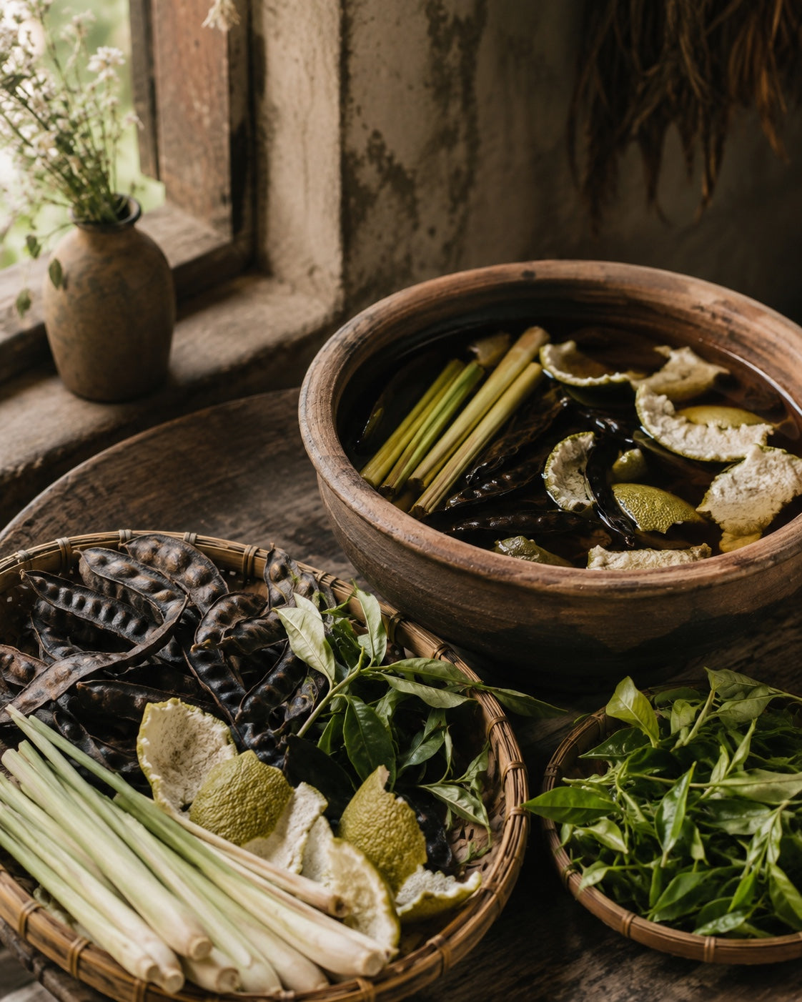 Vietnamese herbal hair-wash ingredients — soap pods, pomelo peel, lemongrass and tea leaves