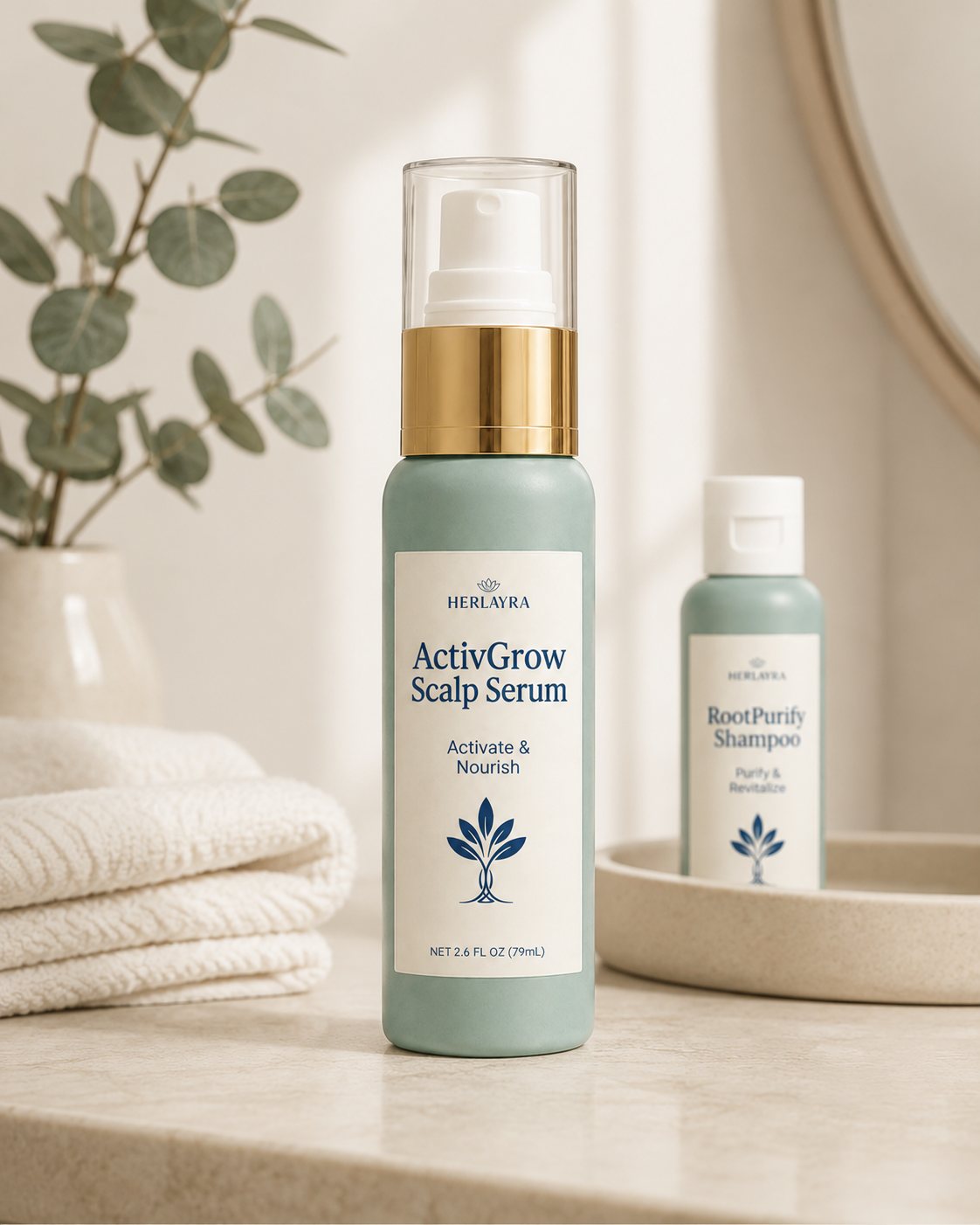 HERLAYRA Core Routine — serums, shampoo and conditioner on a vanity
