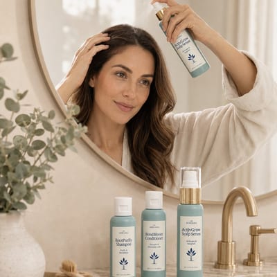 Applying the scalp serum at the mirror
