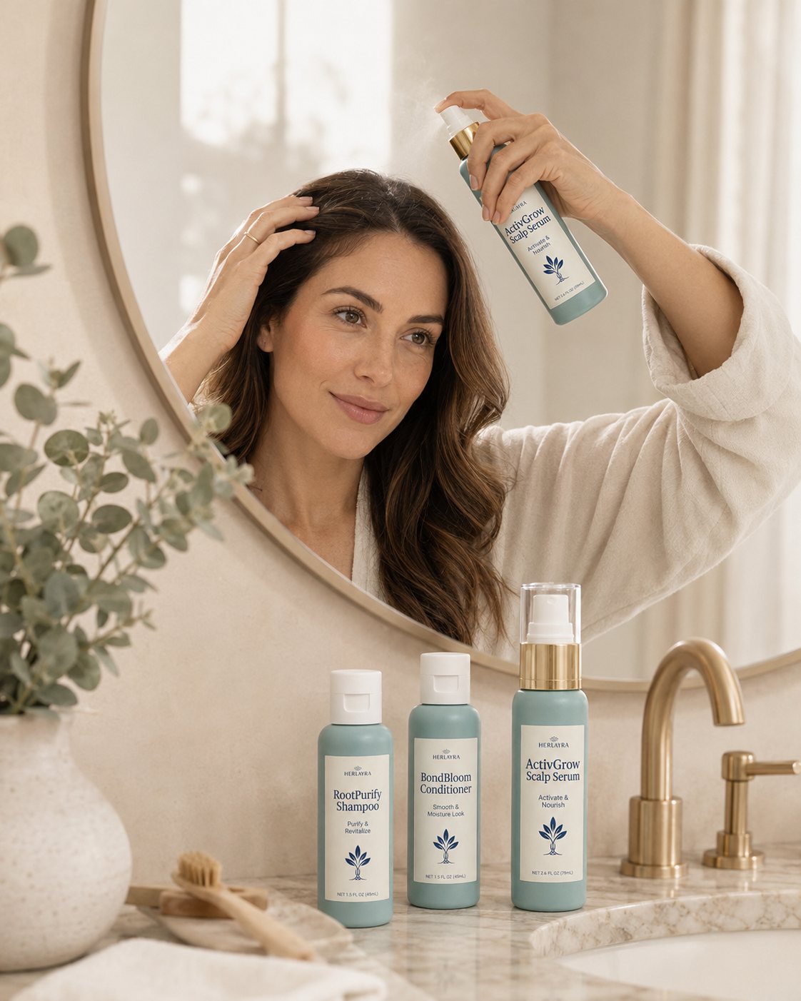 Woman misting the water-light scalp serum onto her scalp at the mirror