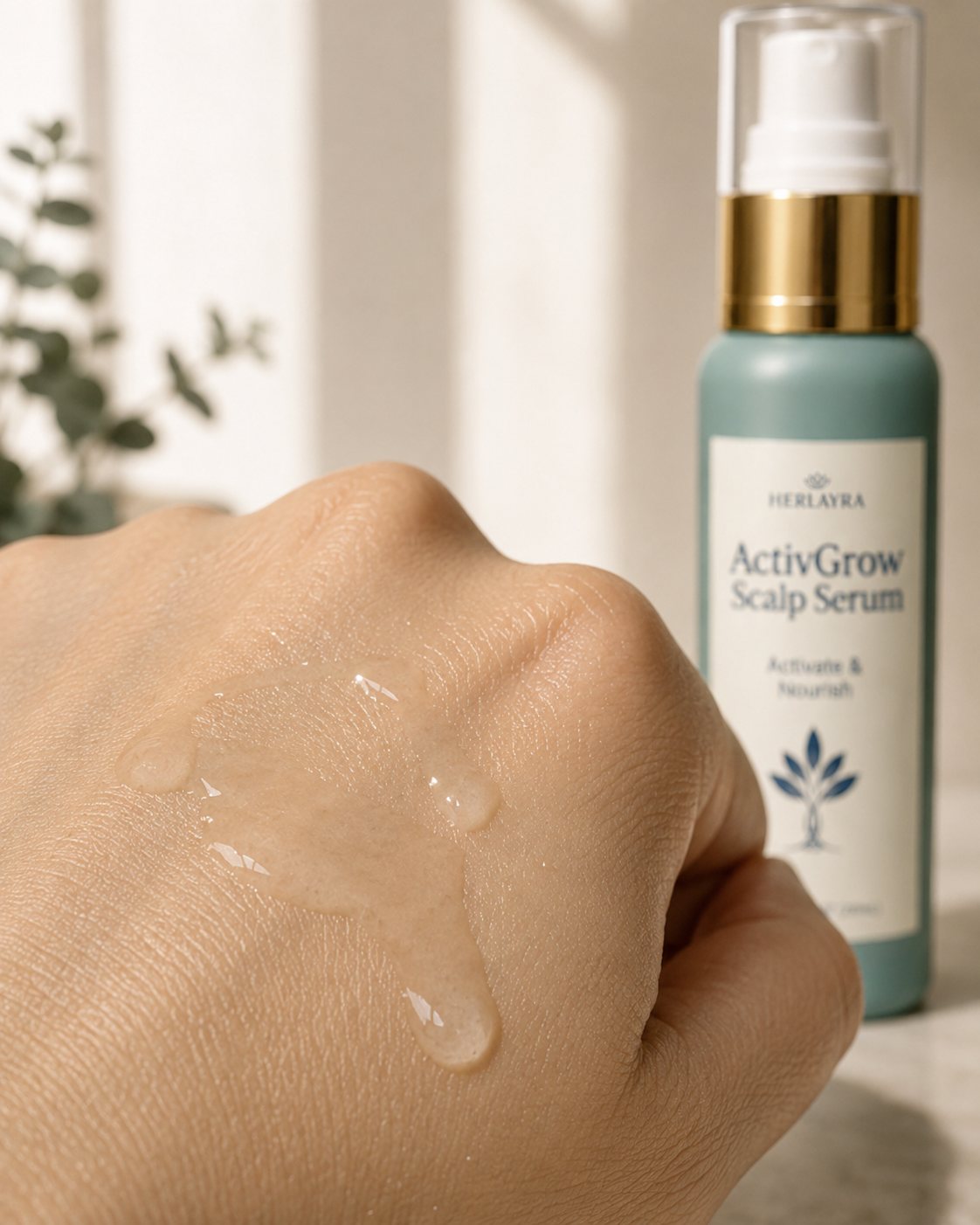 water-light scalp serum texture on hand