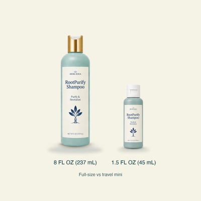 HERLAYRA scalp serum and full-size bottles